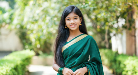 Young asian female in traditional green sari outdoors amidst lush garden settingの素材