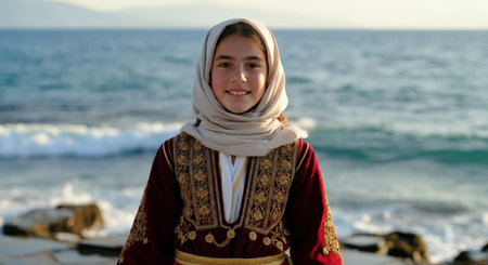 Young middle eastern girl in traditional attire on serene beachfrontの素材