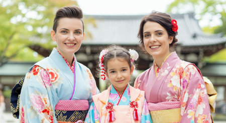 Cultural celebration with women and child in traditional kimono at japanese templeの素材