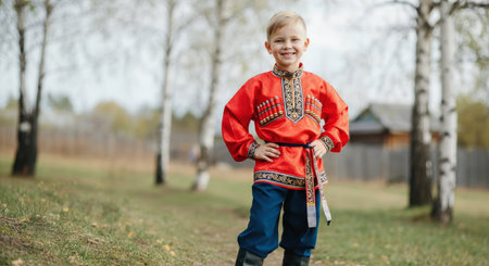 Young boy in traditional eastern european attire outdoors in autumn settingの素材