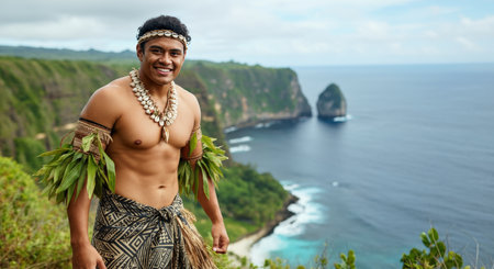 Cultural heritage celebration with young pacific islander male in traditional attire by ocean cliffsの素材