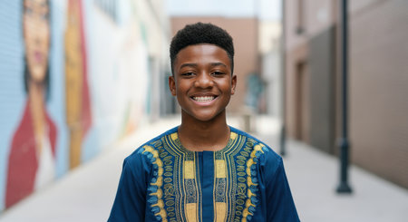 Young african male in traditional attire smiling outdoors in urban settingの素材