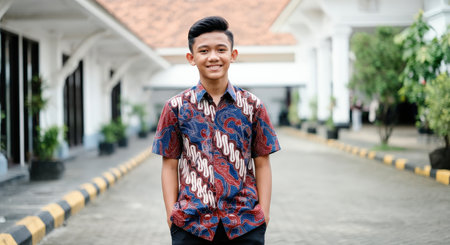 Young asian male in traditional batik shirt outdoors in urban settingの素材