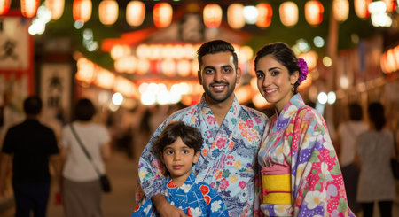 Family enjoying a traditional japanese festival in vibrant yukata attire at night marketの素材
