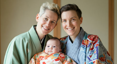 Diverse family portrait of lgbtq asian adults with baby in traditional japanese attireの素材