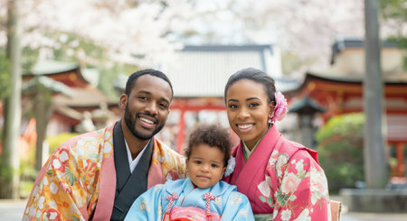 Multicultural family in traditional kimono celebrating cherry blossom festival in japanの素材