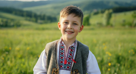 Smiling young boy in traditional ukrainian attire in lush green field landscapeの素材