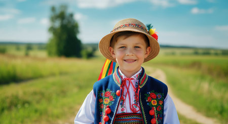 Young caucasian boy in traditional polish costume outdoors on a sunny dayの素材