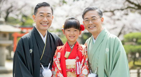 Cherry blossom family portrait with traditional japanese attire for spring celebrationの素材