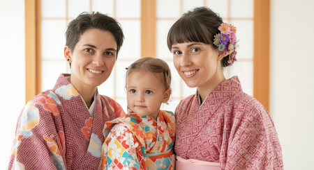 Multicultural family in traditional japanese kimono embracing cultural heritageの素材