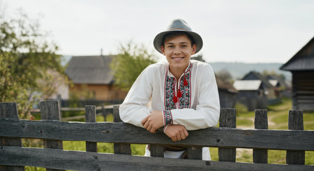 Young caucasian boy in traditional embroidered shirt outdoors in rural village settingの素材