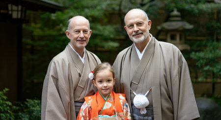 Celebrating tradition in japan with elderly caucasian men and young asian girl in traditional clothingの素材