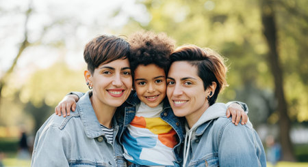 Happy family outdoors embracing together in park with smiling women and childの素材