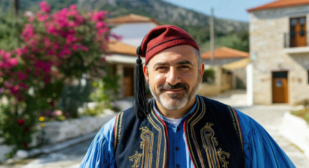 Smiling middle eastern man in traditional attire stands outdoors on sunny dayの素材
