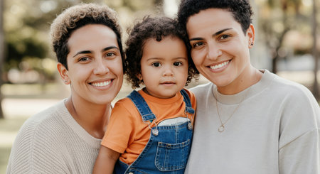 Happy family outdoors featuring two female adults and a child in a park settingの素材
