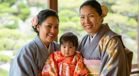 Japanese family portrait in traditional kimono celebrating special occasion outdoorsの素材