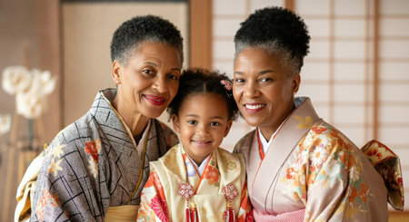 Family generations celebrating tradition with african heritage in elegant kimonosの素材