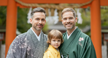 Family portrait at traditional shrine with two adult males and child in kimono attireの素材