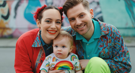 Happy young family with rainbow shirted child in front of urban mural, celebrating diversity and loveの素材