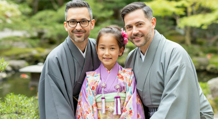 Cultural family connection in traditional japanese garden settingの素材