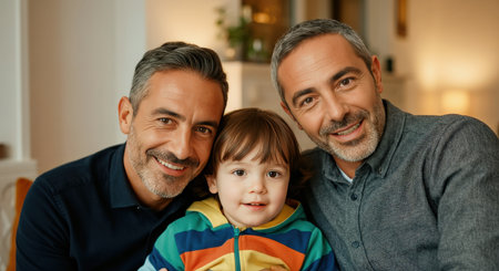 Happy family moment featuring two adult caucasian men with child for lifestyle or parenting themesの素材