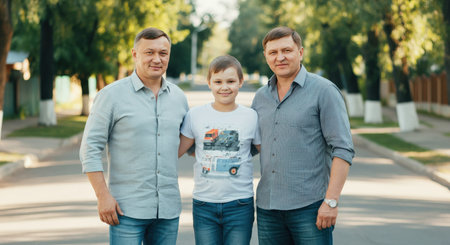 Three generations together: happy family in casual attire enjoying a day outdoorsの素材