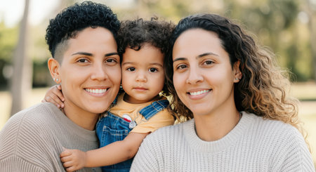 Happy family outdoors: diverse parents with child in sunny park settingの素材
