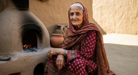 Elderly south asian woman in traditional attire sitting by clay oven in rustic village settingの素材