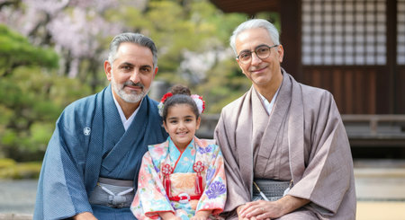 Multigenerational asian family in traditional kimono attire celebrating cultural heritageの素材