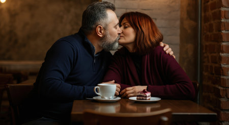 Romantic moment of mature caucasian couple in cozy cafÃ© setting with coffee and cakeの素材