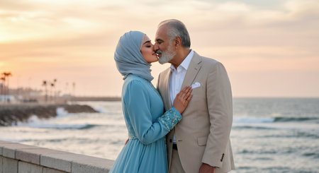 Mature middle eastern couple embracing romance by the ocean at sunsetの素材