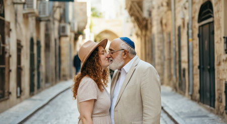 Affectionate moment between elderly couple in historic old town settingの素材
