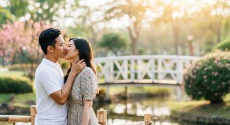 Romantic asian couple in love at scenic park during golden hourの素材