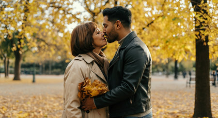 Romantic moment in autumn park with diverse couple embracing under colorful leavesの素材