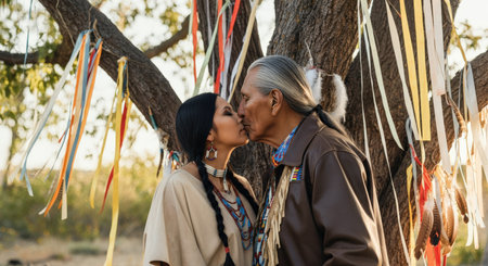Heartfelt moment between mature native american couple in traditional attire amidst vibrant decorationsの素材