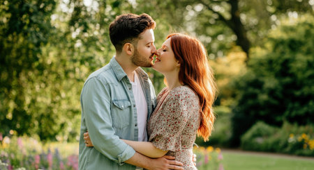 Romantic couple embracing in lush garden setting during springtime, perfect for love and nature themesの素材