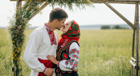 Romantic moment in traditional eastern european attire amidst scenic countrysideの素材