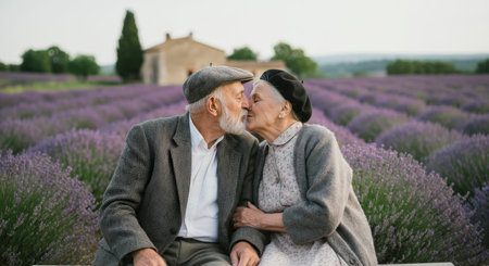 Elderly couple embracing romance in lavender field for rural french countryside themeの素材