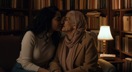 Intergenerational bond between middle eastern women in cozy library ambianceの素材