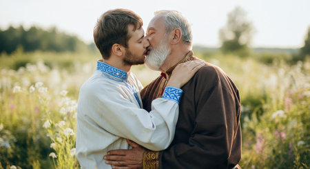 Intergenerational connection: male bonding and embrace in natural settingの素材