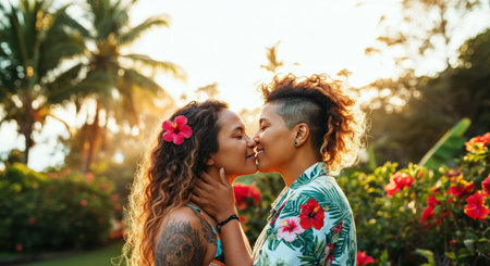 Romantic moment between young hispanic women in tropical garden settingの素材