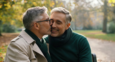 Mature caucasian male couple sharing affectionate moment in autumn park settingの素材