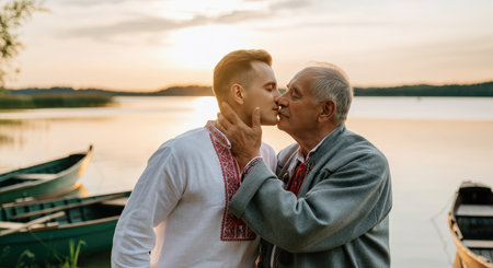 Cultural connection between young and elderly men by serene lakeside at sunsetの素材