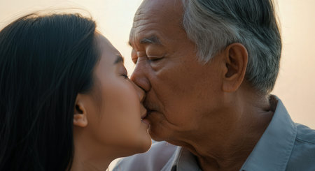 Emotional connection between elderly asian man and young asian woman, celebrating generational love and family bondingの素材