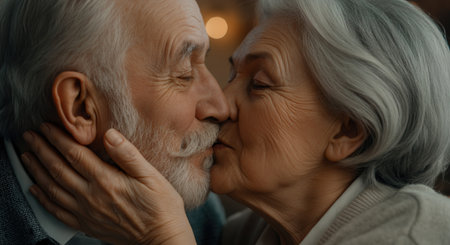 Romantic moment between elderly mature caucasian couple celebrating love and companionshipの素材