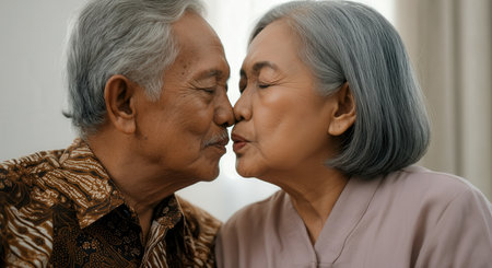 Tender moment of elderly asian couple kissing in intimate home setting celebrating lasting love and companionshipの素材