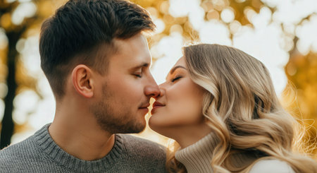 Romantic autumn couple caucasian young adults embracing in sunlit park for love and beauty inspirationの素材