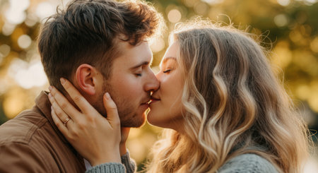 Romantic autumn kiss between young caucasian couple in warm sunlight for love and relationship themesの素材