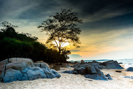 beach in sunset time on Mahe island in Seychellesの写真素材