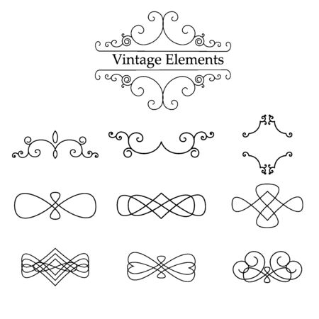 Calligraphy vintage elements design. Classic vintage elements decoration label retro design. Ornament scroll vintage elements calligraphy decorative card typographic swirl set.のイラスト素材
